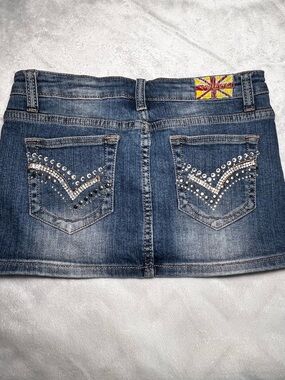 Machine Y2K Distressed Denim Mini Skirt with Studded Pockets